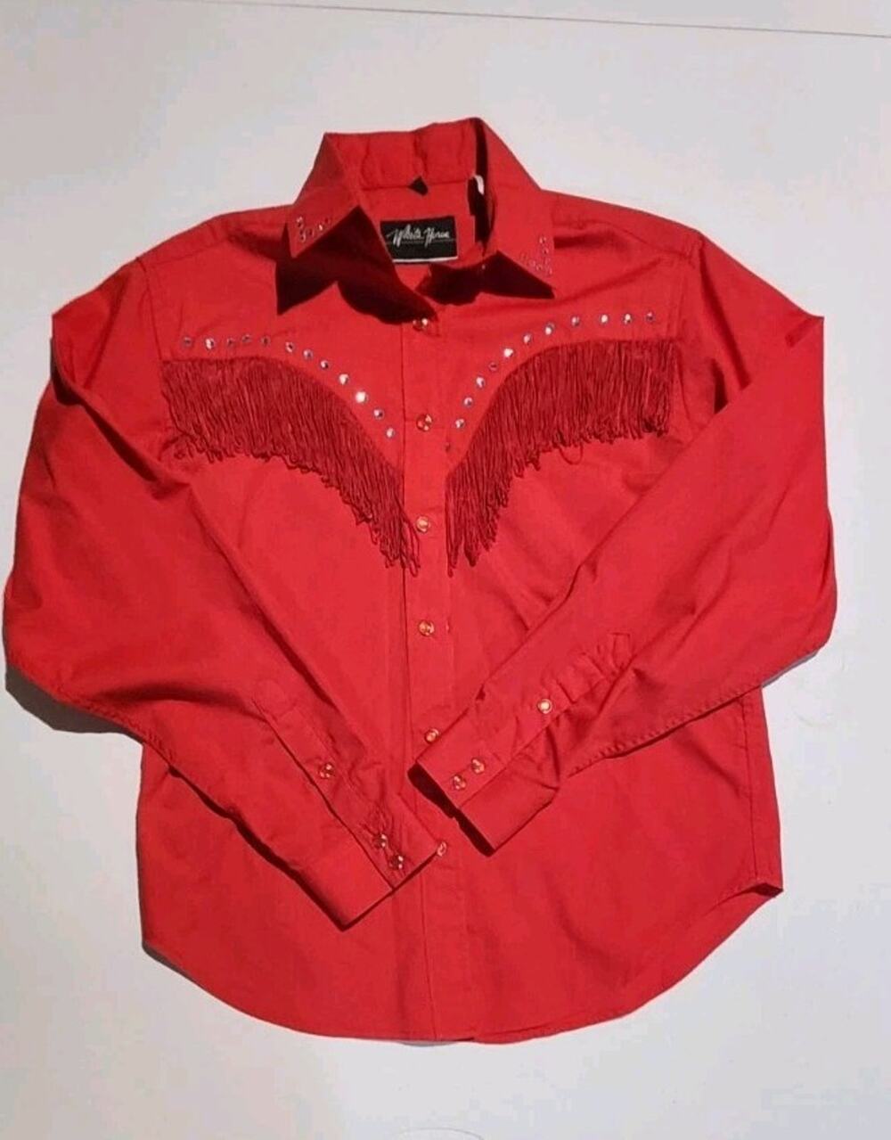Vintage White Horse Pearl Snap Fringed Gems Shirt Women's Small Red